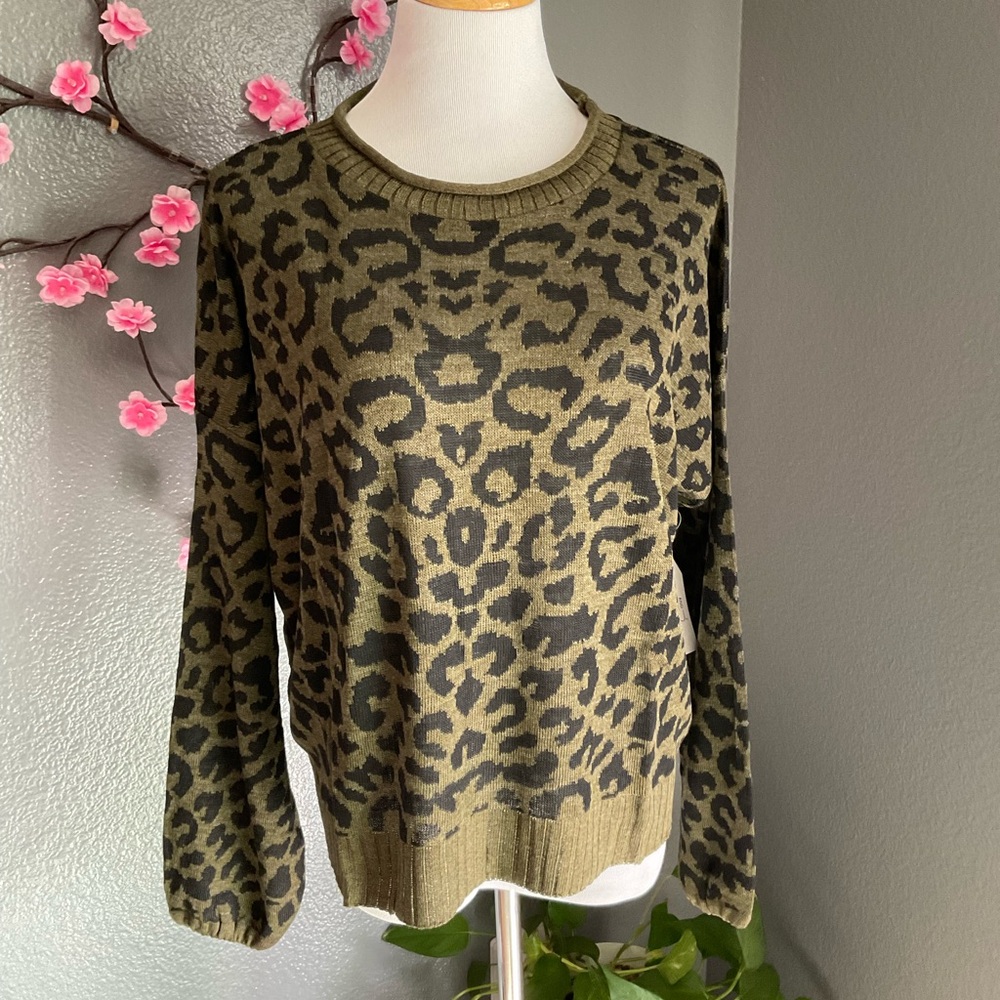 Time and Tru Women's Cowl Neck Leopard Sweater - Olive and Black